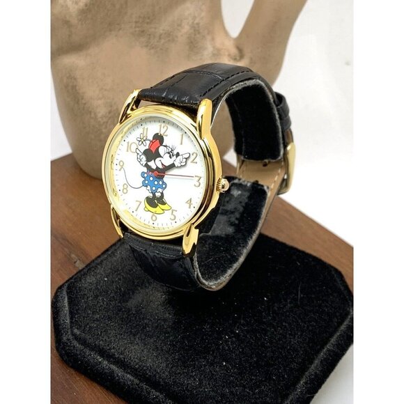 Disney Women's Watch Minnie Mouse WDS000410 Quartz Gold 35mm Black Leather Strap - Picture 2 of 13